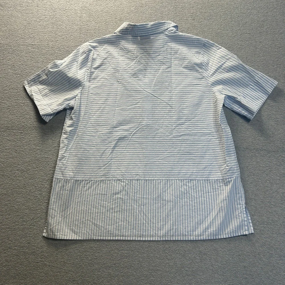 Chico's Popover Blouse Womens Size 1 Blue White Stripe Short Sleeve Collared Top
